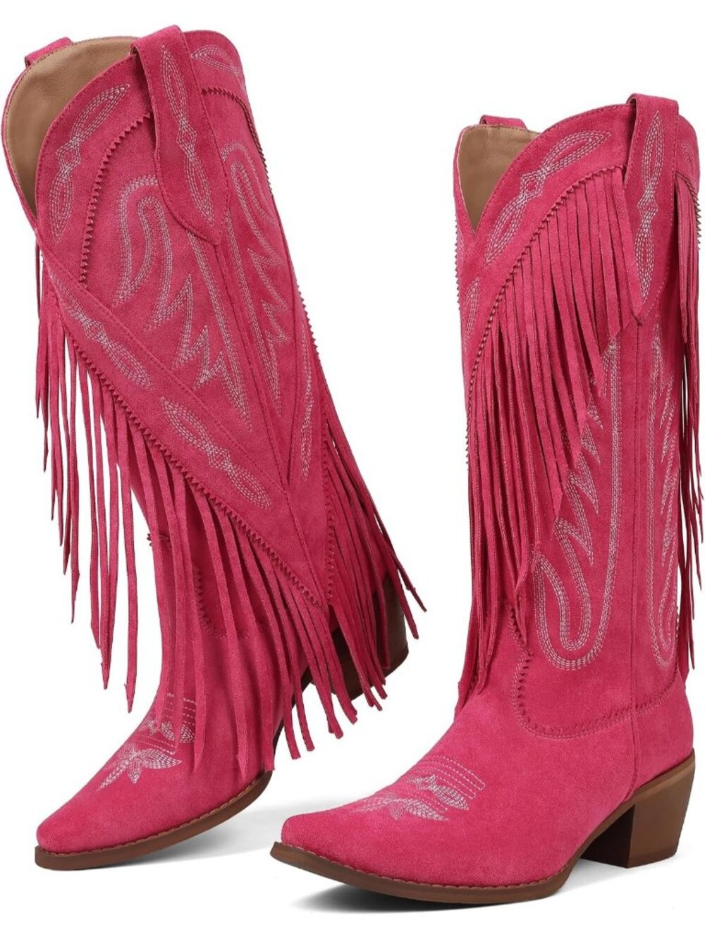Women's Pink Suede Pointed Toe Pull On Block Chunky Heel Embroider Cowgirl Boot